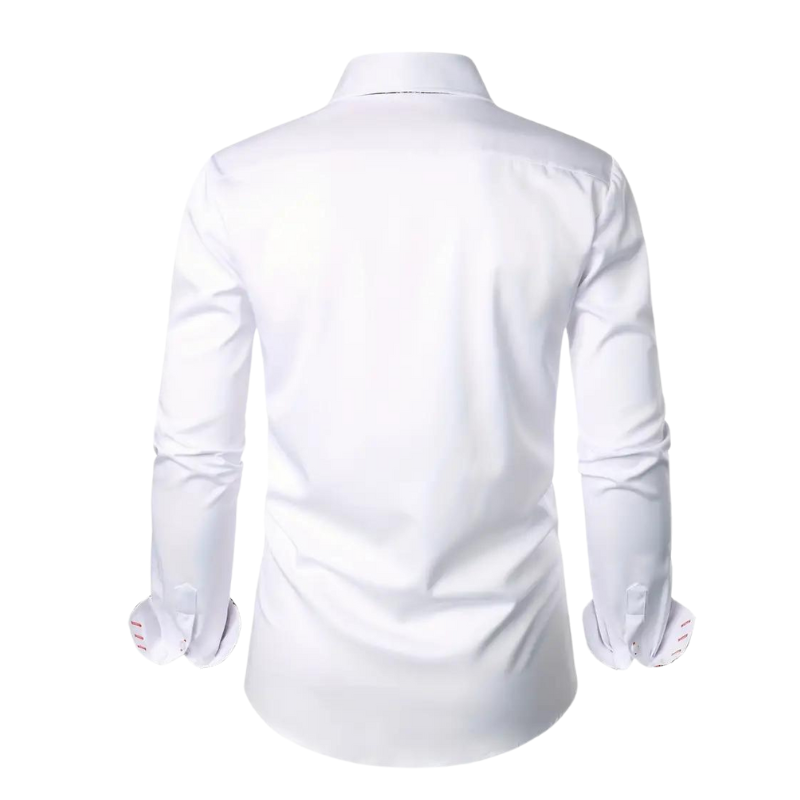Close-up of elegant men's party shirt, slim fit, unique button details, long sleeve, sophisticated menswear.