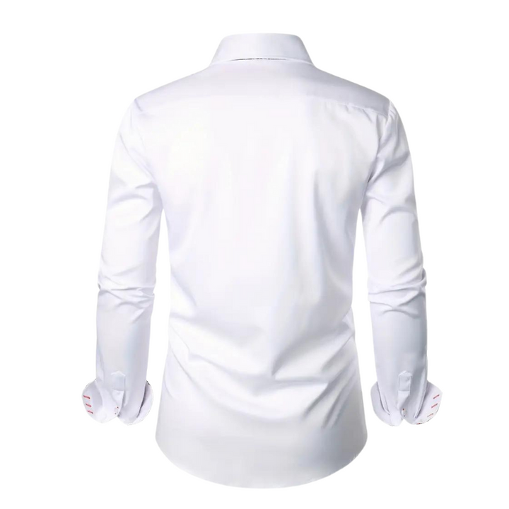 Close-up of elegant men's party shirt, slim fit, unique button details, long sleeve, sophisticated menswear.