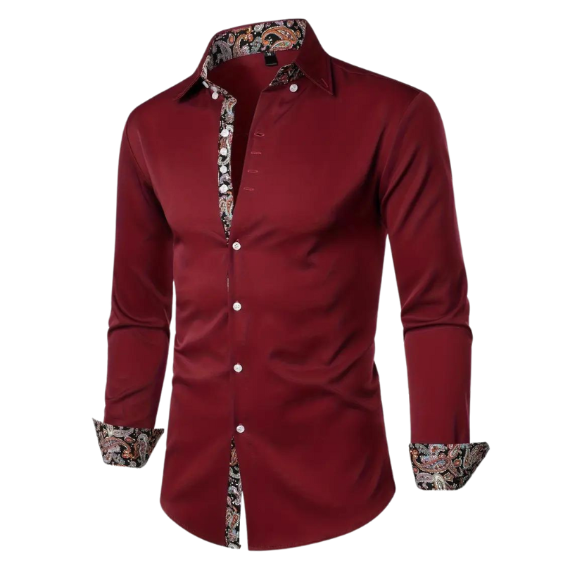 Man in a sophisticated slim fit men's party shirt, side view, long sleeve, stylish formal event attire.
