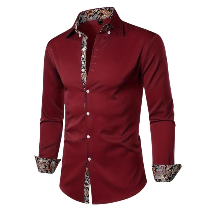 Man in a sophisticated slim fit men's party shirt, side view, long sleeve, stylish formal event attire.
