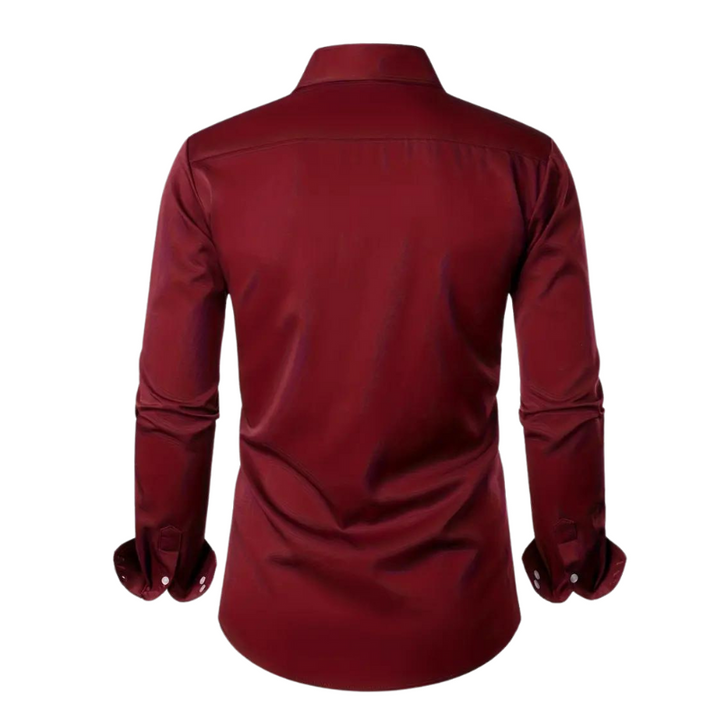 Men's elegant party shirt, slim fit, long sleeve, paired with dress pants, sophisticated formal wear.