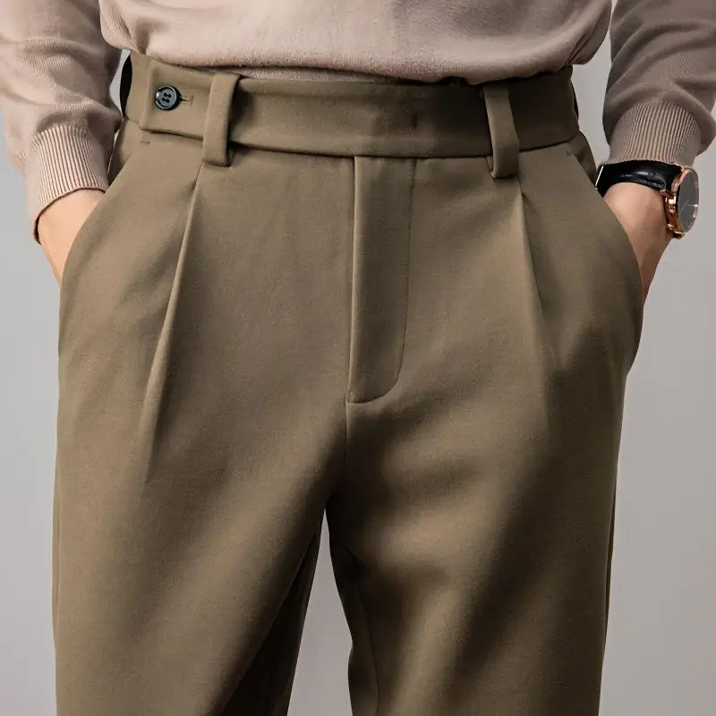 Men's elegant pleated trousers, wrinkle-resistant for formal or casual wear.