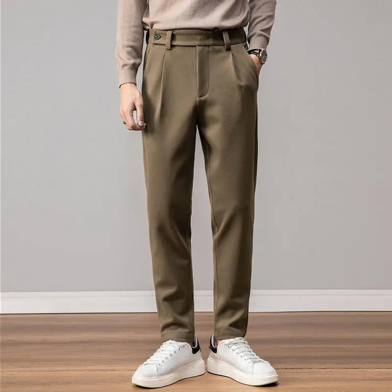 Khaki men's pleated dress pants, wrinkle-resistant & comfortable stretch for men's fashion.
