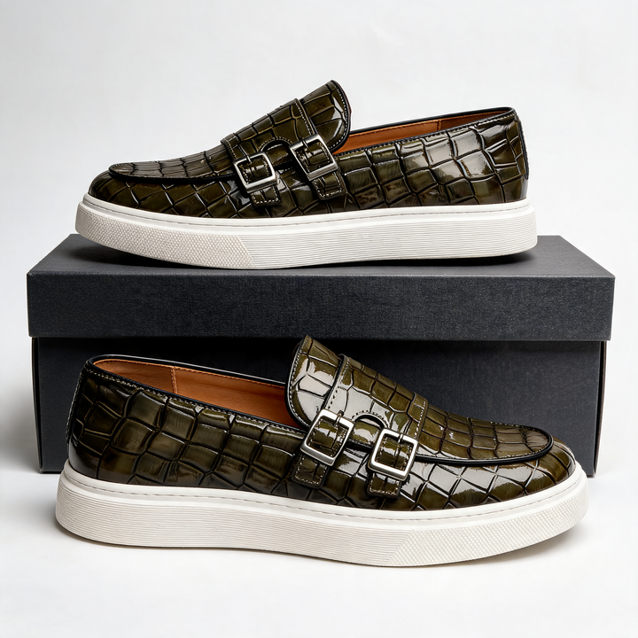 Men's classic slip-on loafers with elegant buckle detail & cushioned comfort. Ideal men's footwear for any occasion.