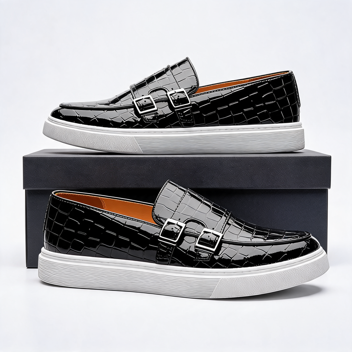 Dressy men's slip-on loafers with a sophisticated buckle & cushioned comfort. Perfect elegant men's fashion footwear.