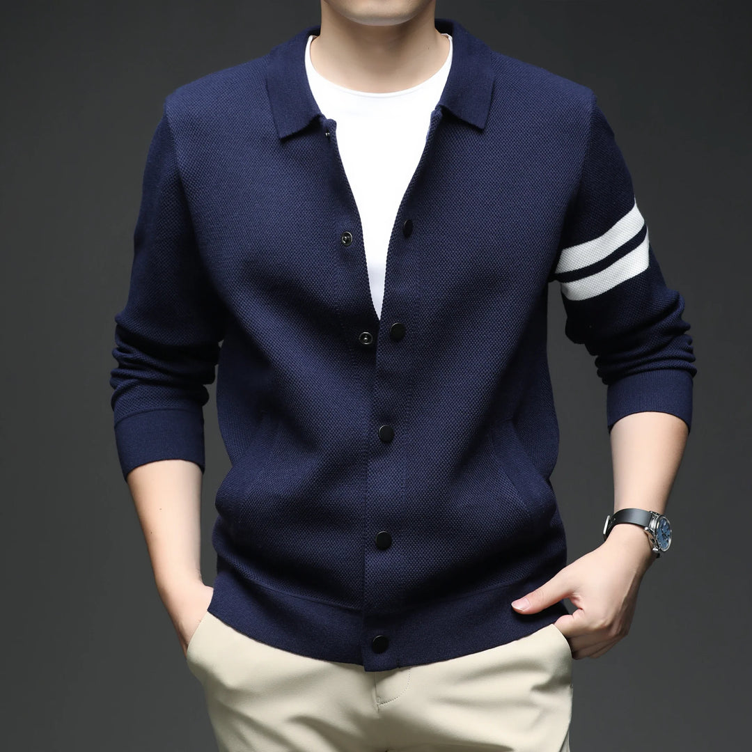 Men's elegant striped cardigan, perfect for versatile layering in smart casual or transitional mens fashion.
