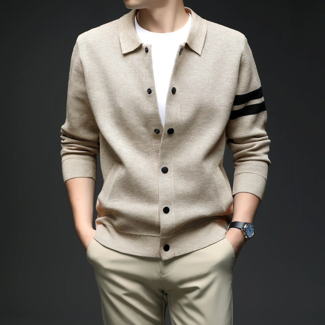 Stylish men's striped button-up cardigan for versatile layering, ideal for casual and smart European mens fashion.