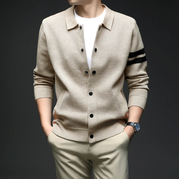 Stylish men's striped button-up cardigan for versatile layering, ideal for casual and smart European mens fashion.