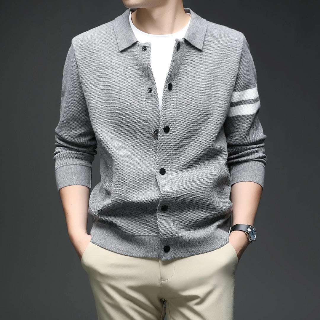 Men's striped button-up cardigan jacket for casual or smart casual layering, a key transitional piece.