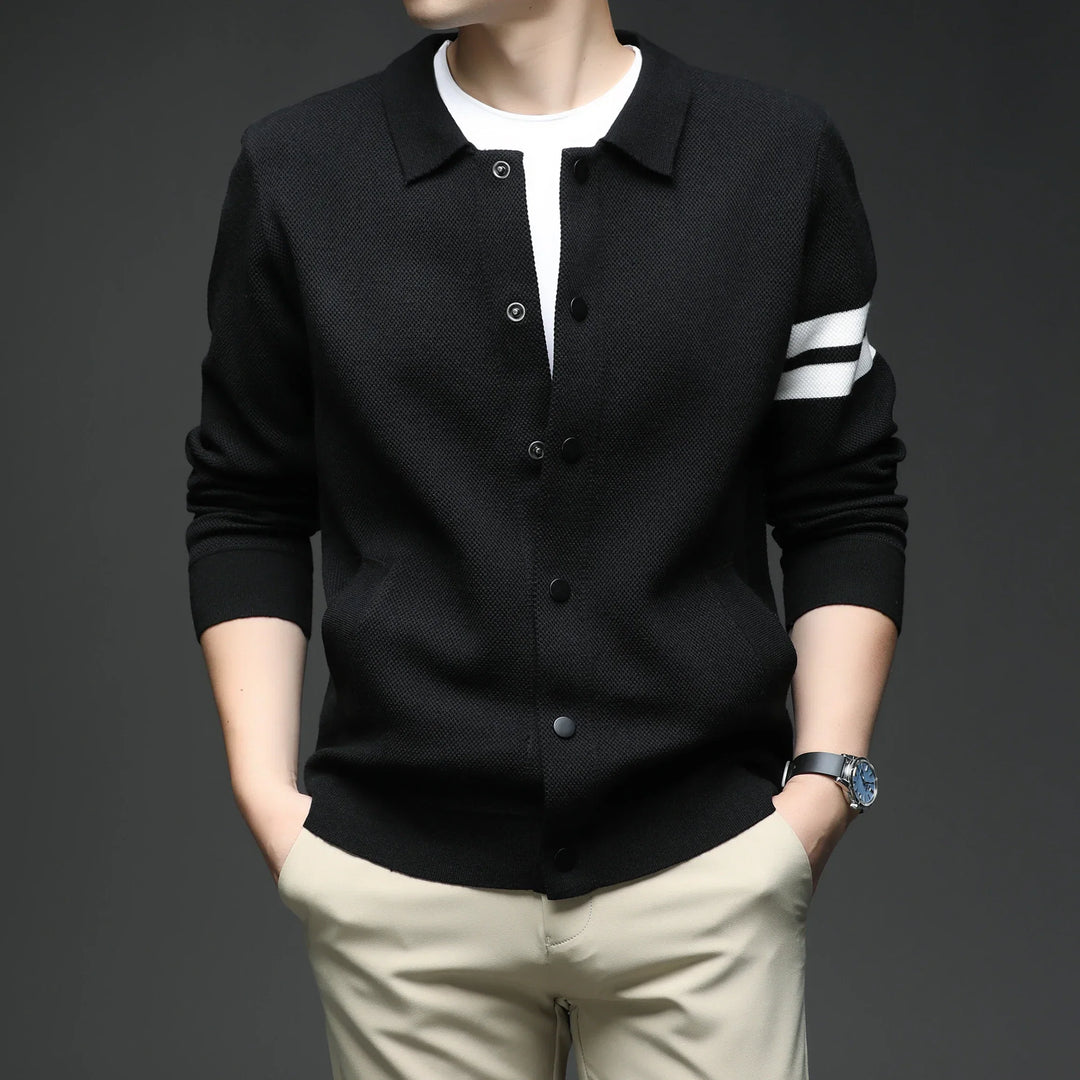 Elegant men's striped knit cardigan, a versatile layering jacket for modern mens fashion.