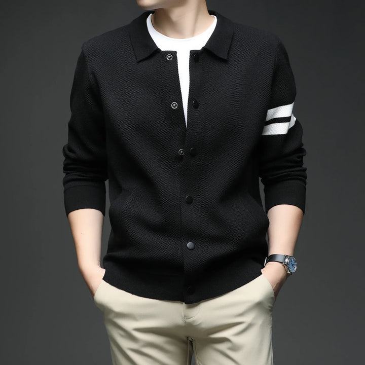 Elegant men's striped knit cardigan, a versatile layering jacket for modern mens fashion.