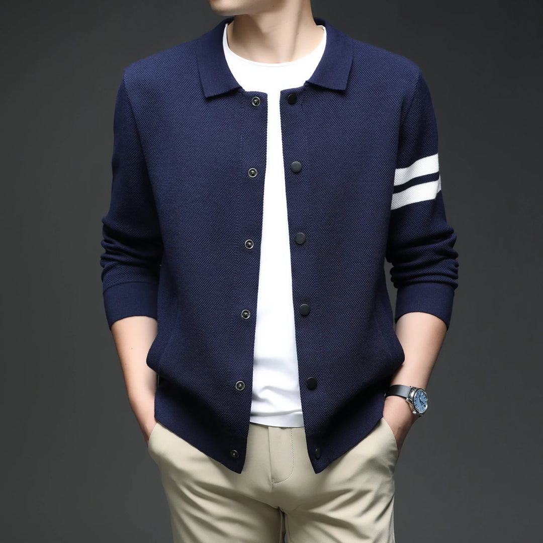 Men's striped cardigan jacket for versatile layering, combining casual comfort with elegant smart casual style.