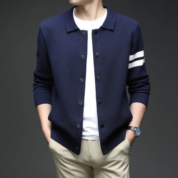 Men's striped cardigan jacket for versatile layering, combining casual comfort with elegant smart casual style.
