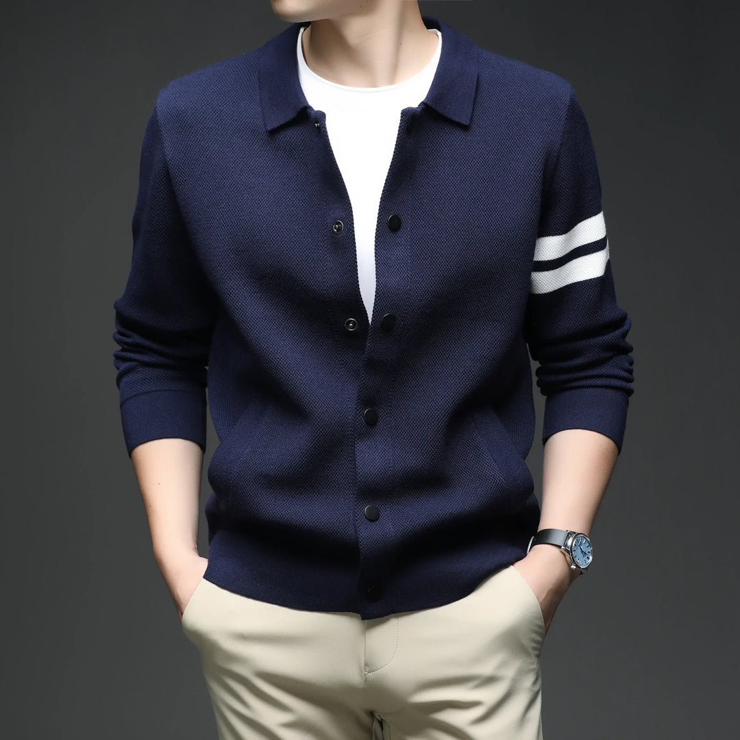Versatile men's striped button-up cardigan. Perfect layering jacket for smart casual and European mens fashion.