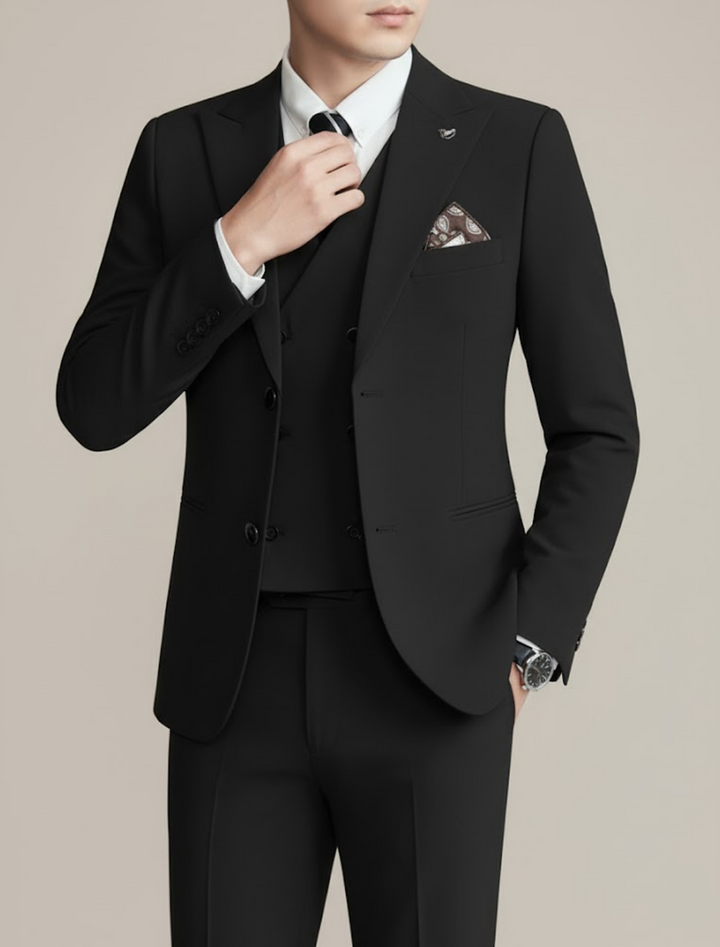 Men's elegant three-piece suit, perfect for formal occasions & business attire. Slim fit design for modern style.