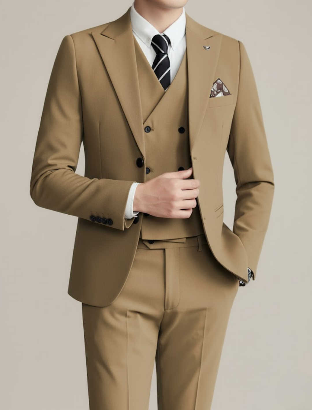 Professional men's formal three-piece suit. Perfect for business meetings, black tie events, & elegant wear.