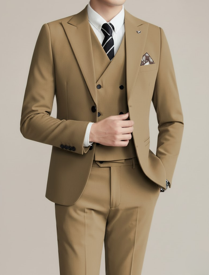 Professional men's formal three-piece suit. Perfect for business meetings, black tie events, & elegant wear.
