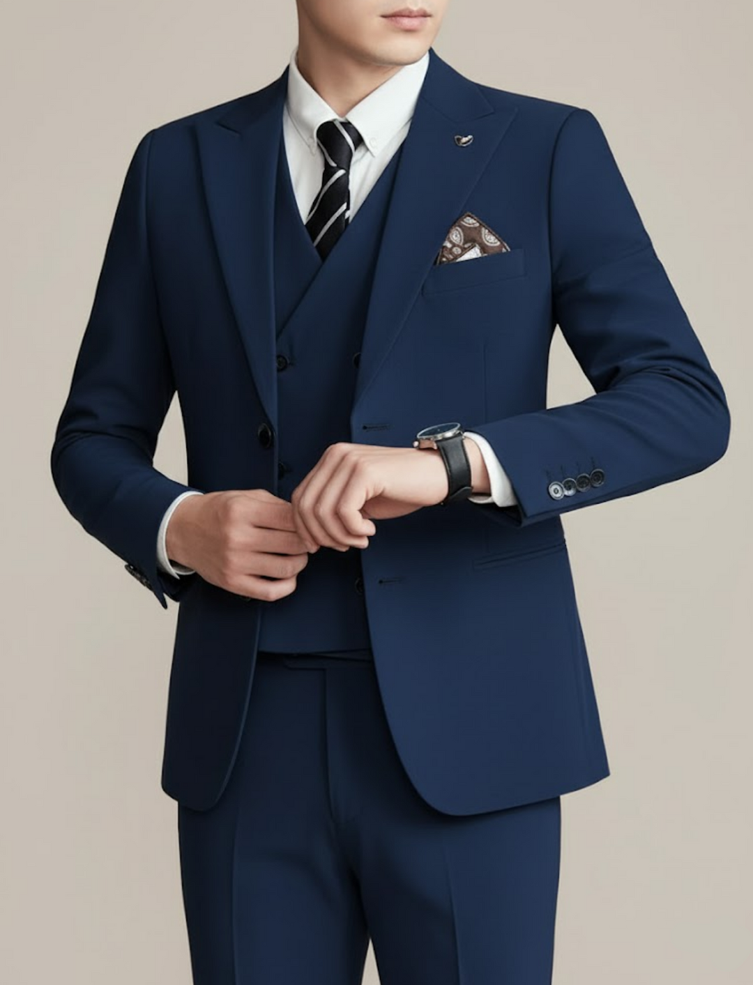 Close-up of luxurious fabric on a men's elegant three-piece suit, emphasizing quality & formal detailing.