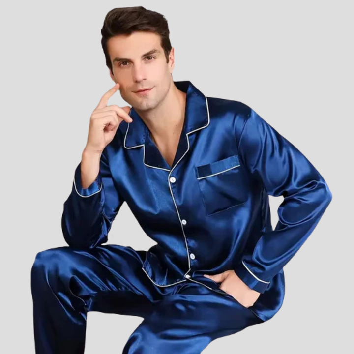 Stylish men's two-piece pajama set for ultimate comfort. Features elegant design, ideal for nightwear & home clothes.