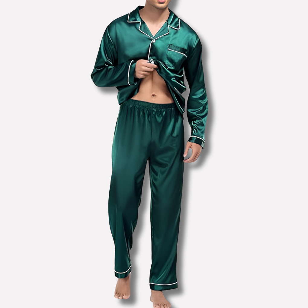 Classic men's pajama set: elegant top & matching pants for comfortable sleepwear & stylish home loungewear.