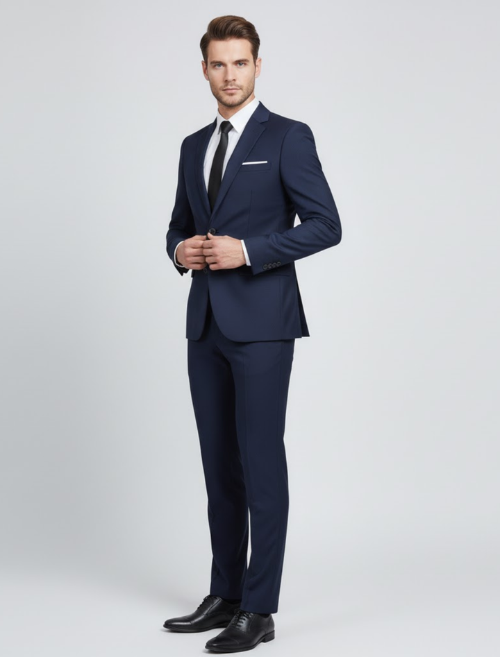 Men's elegant two-piece suit with tailored blazer & trousers for sharp formal business & party attire.