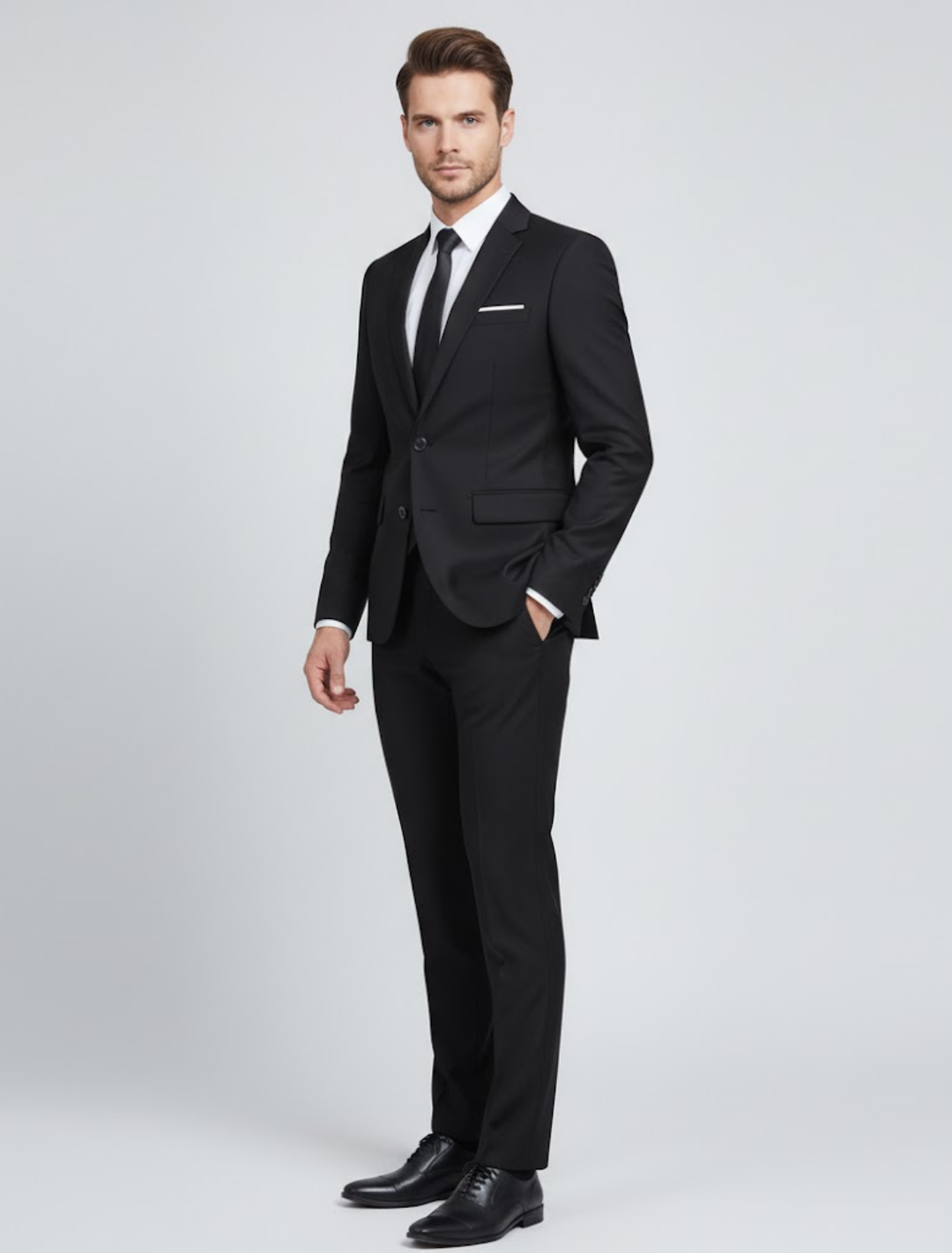 Sophisticated men's two-piece suit, ideal tailored formalwear for business, weddings, and evening events.