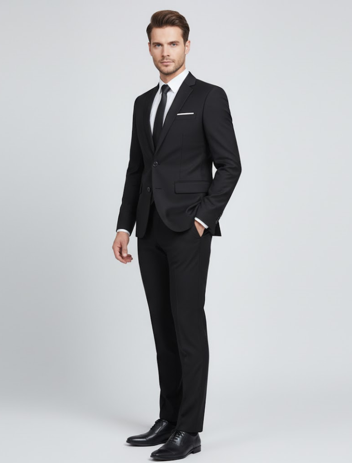 Sophisticated men's two-piece suit, ideal tailored formalwear for business, weddings, and evening events.