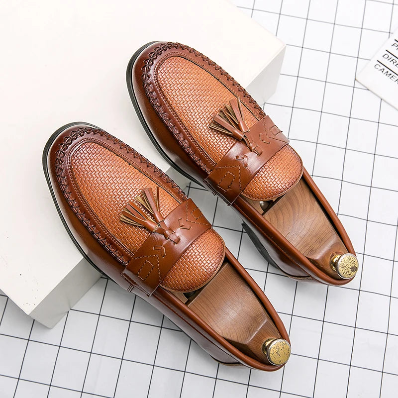 Premium men's woven tassel loafers. Comfortable, elegant slip-on shoes for a refined classic look.