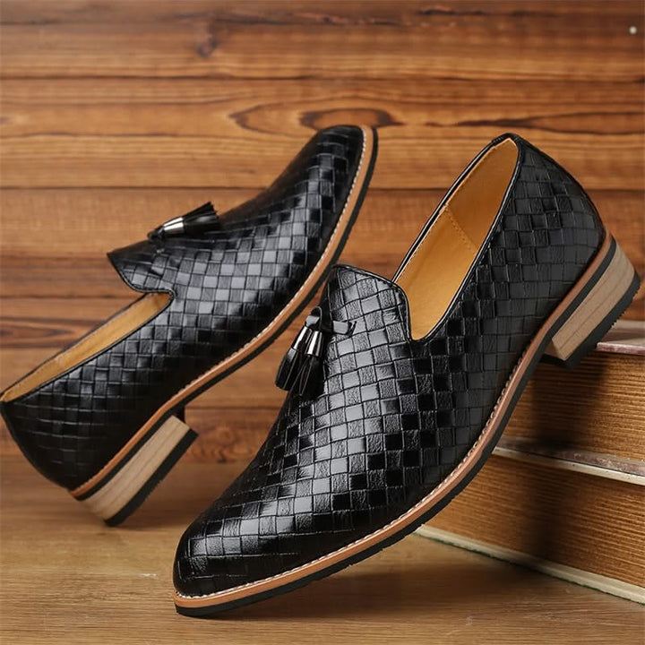 Stylish men's woven tassel loafers. Comfortable formal footwear, perfect for office wear & elegant occasions.
