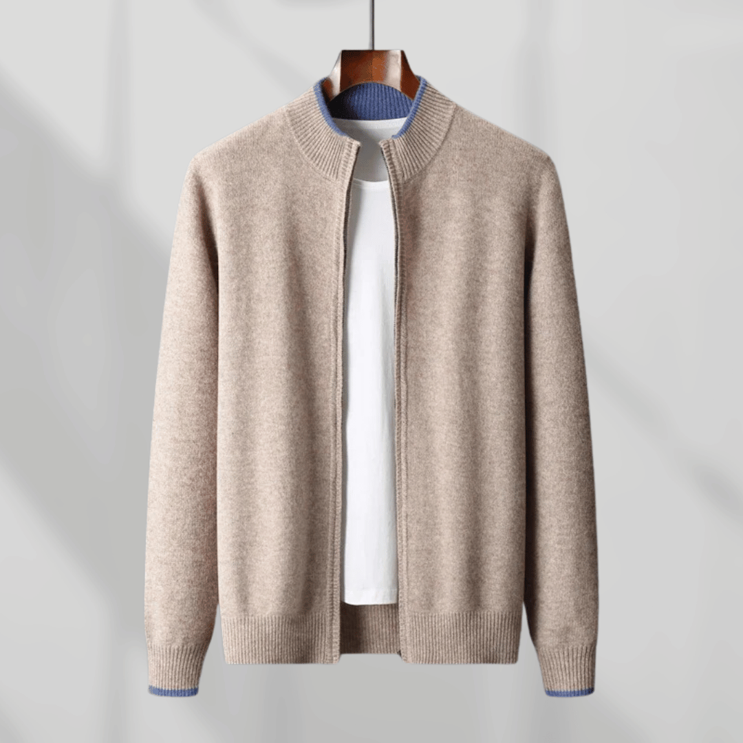 Men's elegant zip-up cardigan in a refined knit, perfect for smart casual layering.