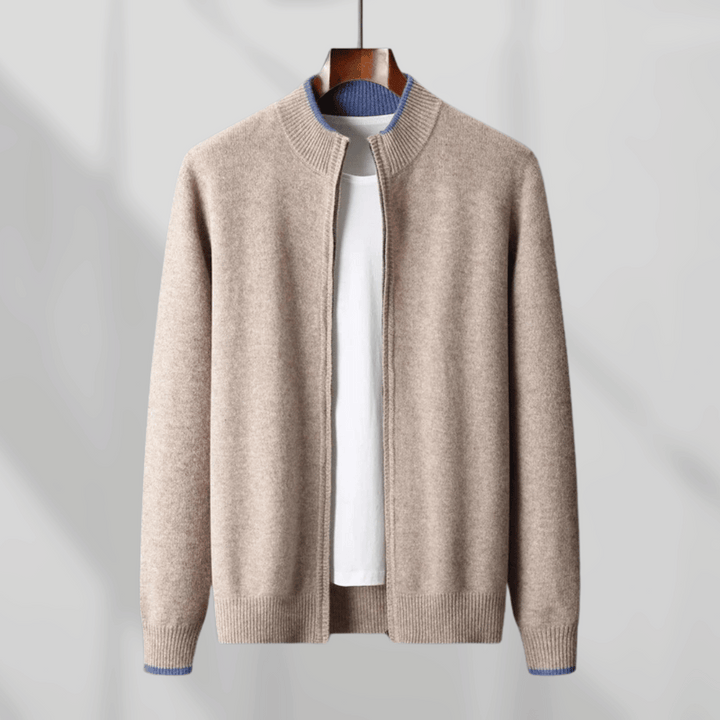 Men's elegant zip-up cardigan in a refined knit, perfect for smart casual layering.