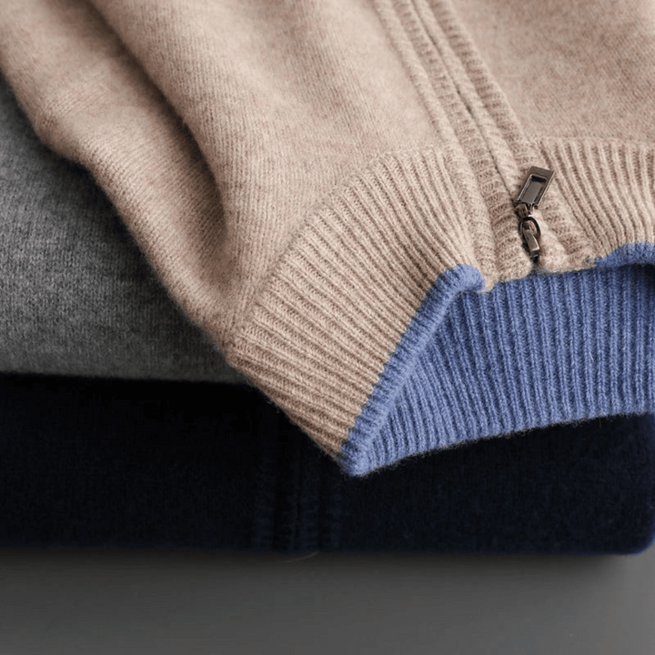 Stylish men's full-zip cardigan, a versatile long sleeve knit for refined smart casual looks.
