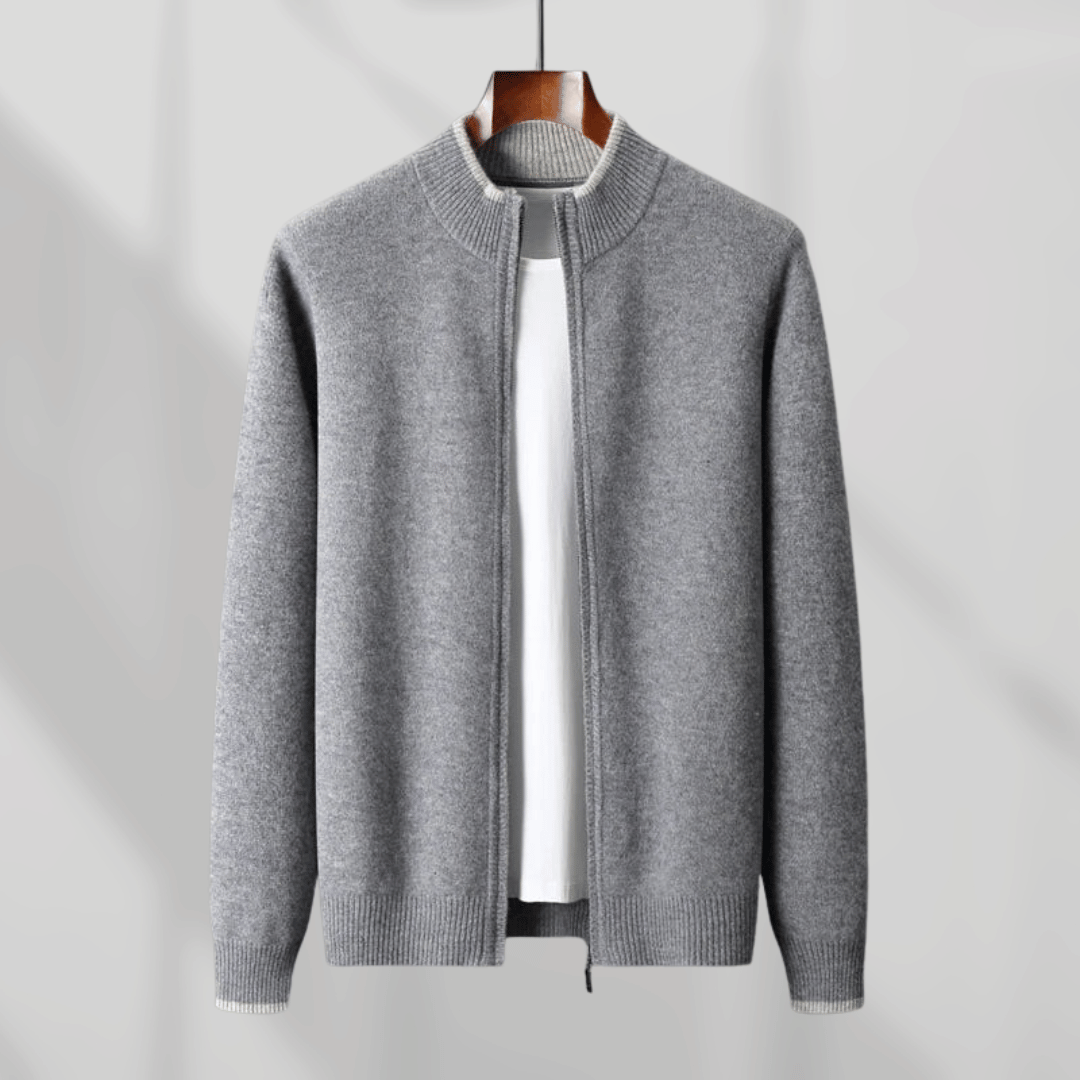Elegant men's zip-up cardigan, featuring a full-zip and long sleeves for sophisticated layering.