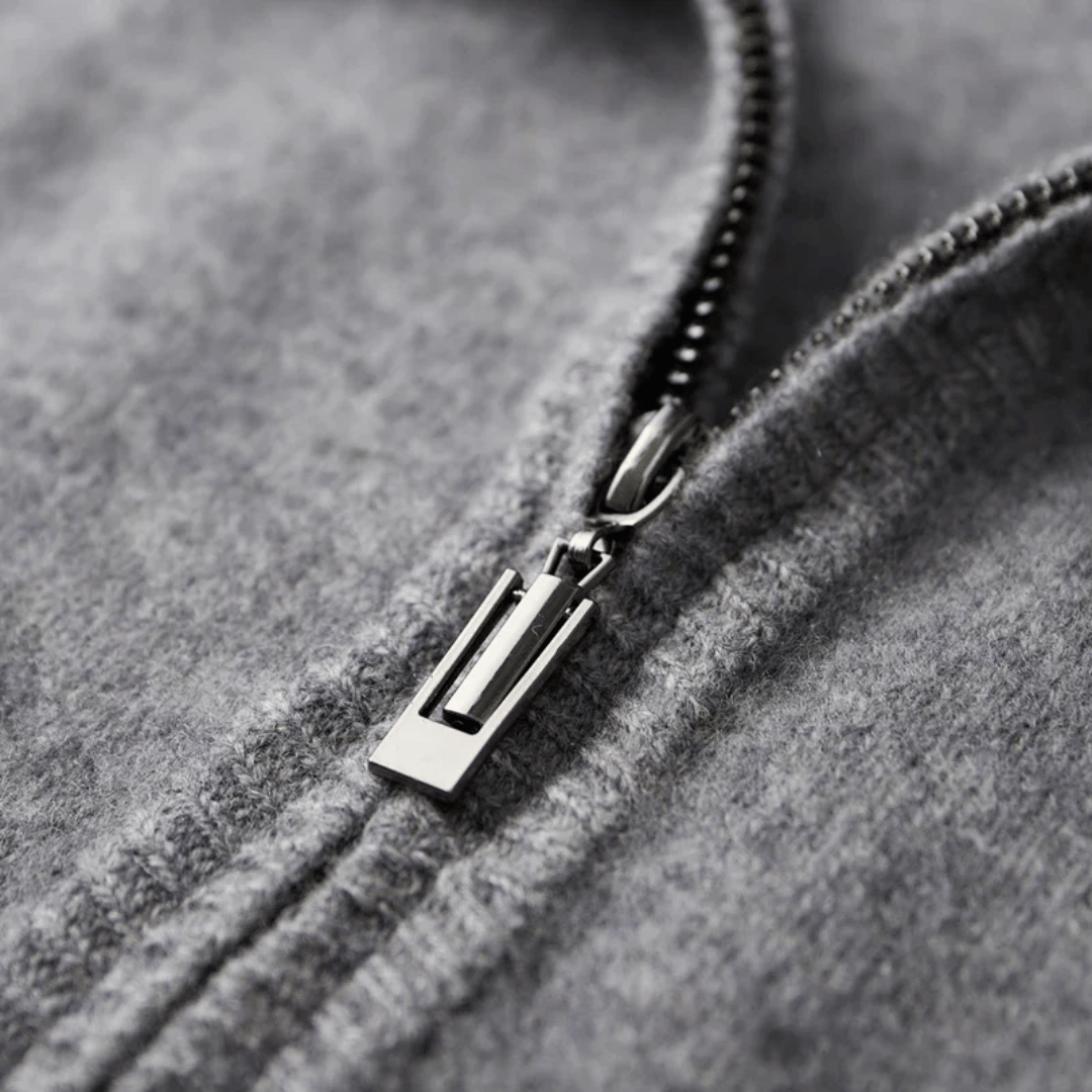 Soft knit men's elegant long sleeve zip-up cardigan, ideal for versatile and comfortable style.