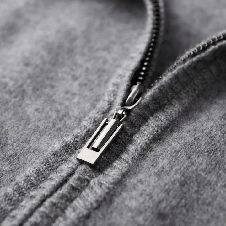Soft knit men's elegant long sleeve zip-up cardigan, ideal for versatile and comfortable style.