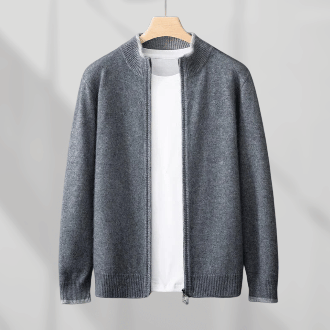 Classic men's zip-up cardigan, long sleeve knitwear for an elegant, comfortable smart casual outfit.