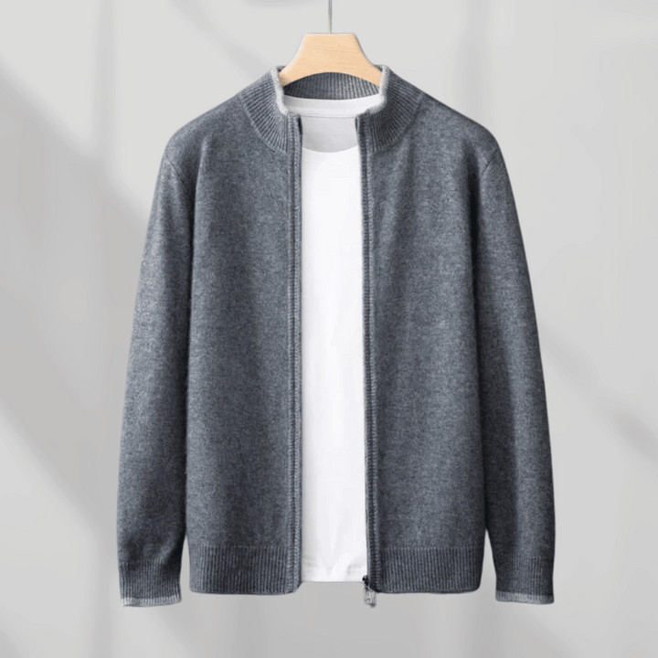 Classic men's zip-up cardigan, long sleeve knitwear for an elegant, comfortable smart casual outfit.