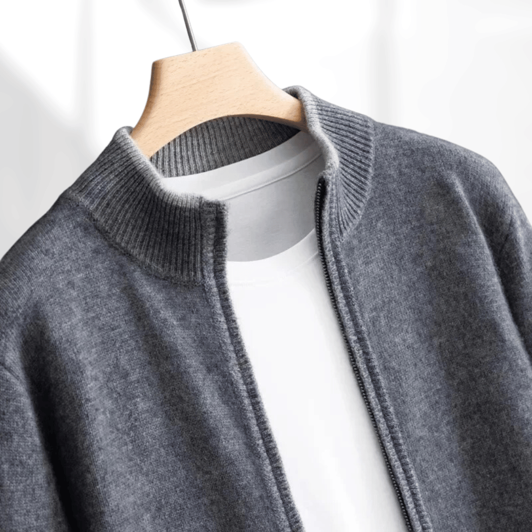 Versatile men's zip-up cardigan, an elegant layering piece for any smart casual or refined ensemble.