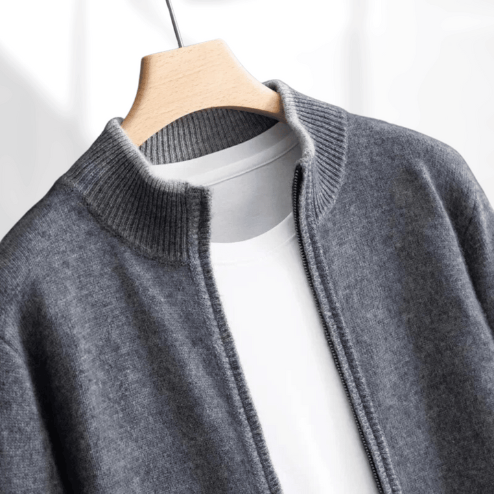 Versatile men's zip-up cardigan, an elegant layering piece for any smart casual or refined ensemble.