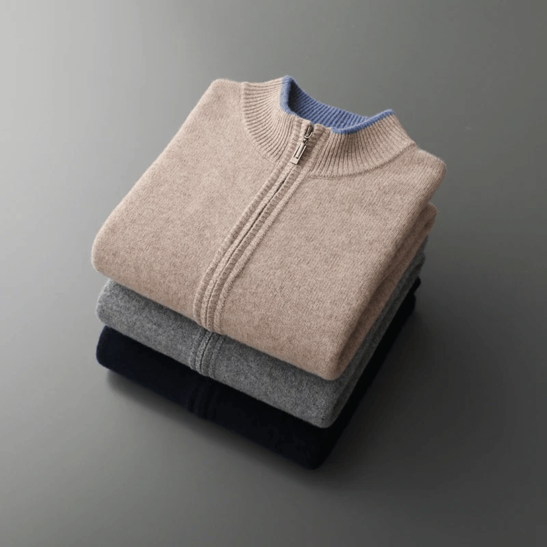 Refined men's long sleeve zip-up cardigan, comfortable knitwear for sophisticated smart casual style.