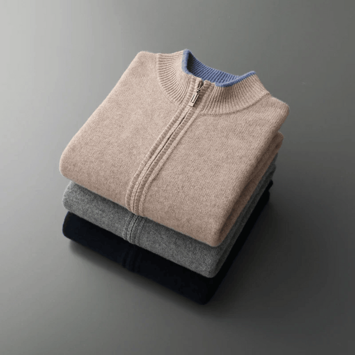 Refined men's long sleeve zip-up cardigan, comfortable knitwear for sophisticated smart casual style.