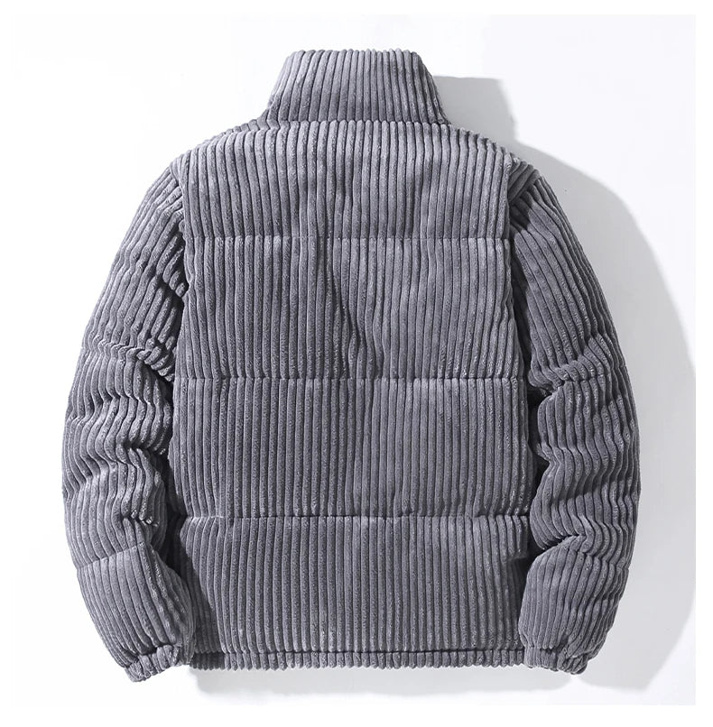 Gray men's puffer jacket, a versatile and warm winter outerwear option, combining style with comfort.