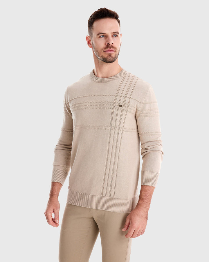 Cozy men's textured crew sweater in a deep red, perfect for casual layering.