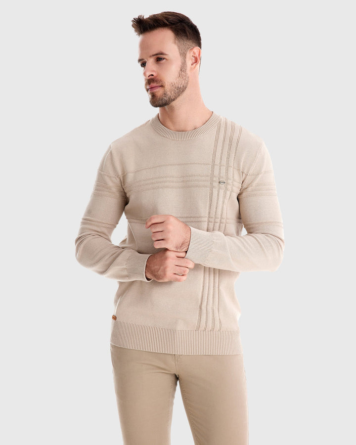 Men's versatile textured crew sweater in an olive green, great for casual wear.