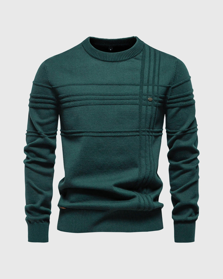 Close-up of the elevated textured knit on a men's versatile crewneck sweater.