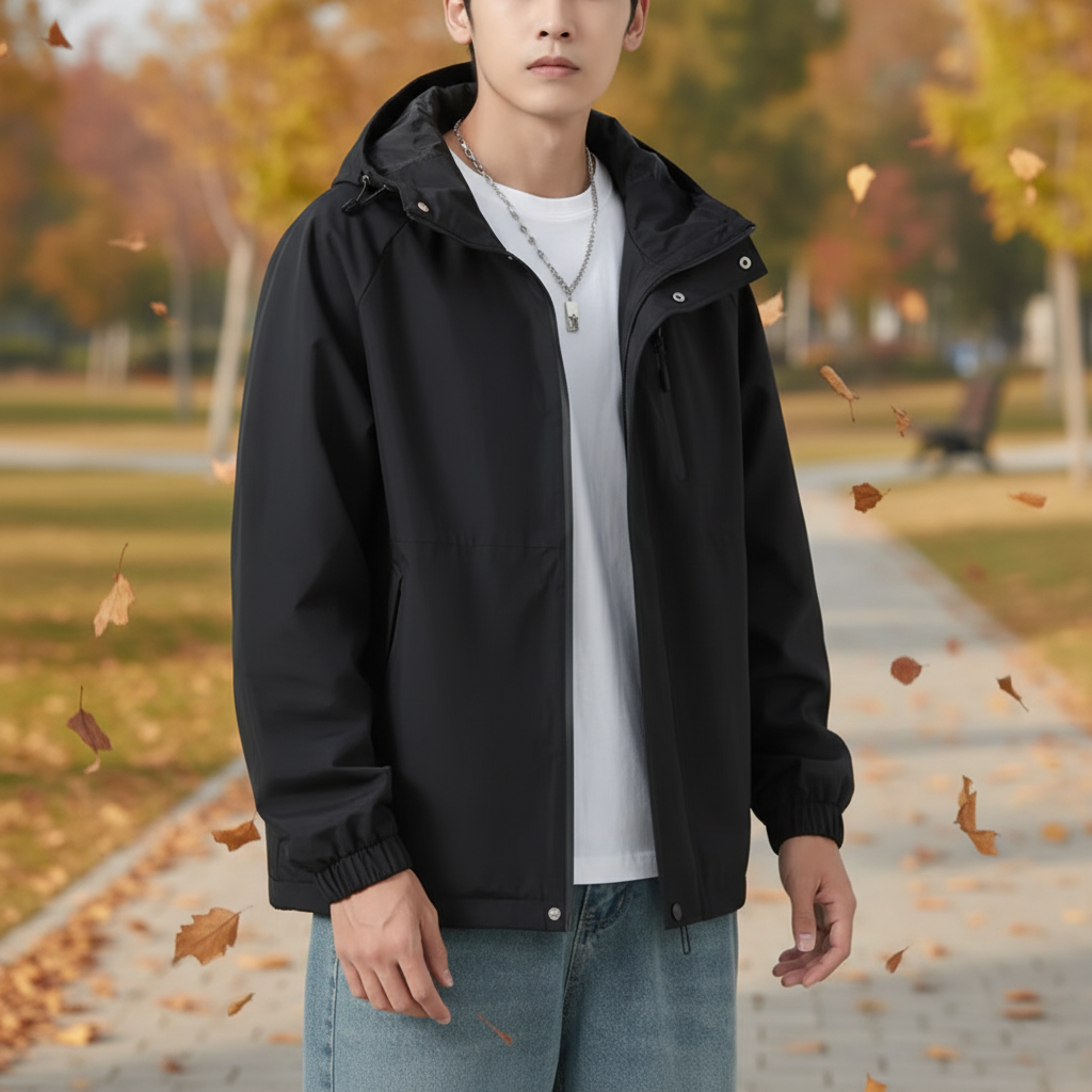 Men's Elia lightweight windbreaker jacket in black, ideal for autumn wear and outdoor activities.
