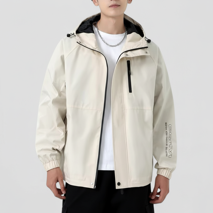 Detail of the zipper and collar of the Elia men's windbreaker, emphasizing weather protection.