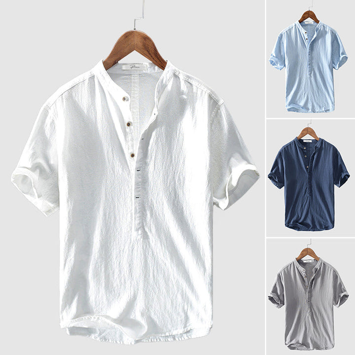 Closeup of men's Elias summer shirt fabric, showing breathable cotton blend texture, perfect for leisure.