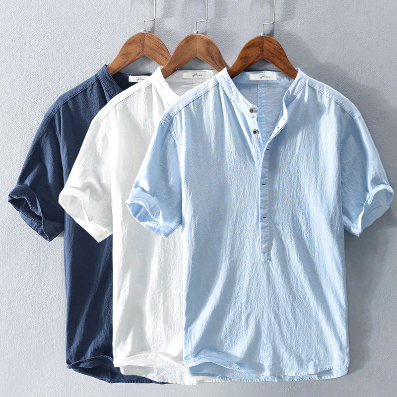 Man wearing Elias men's breathable short sleeve summer shirt, styled casually for a summer day.