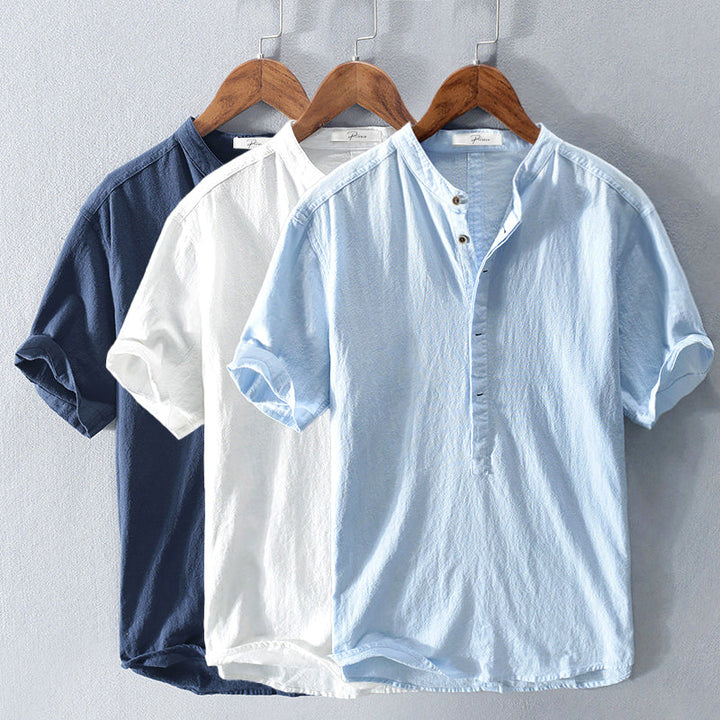 Man wearing Elias men's breathable short sleeve summer shirt, styled casually for a summer day.